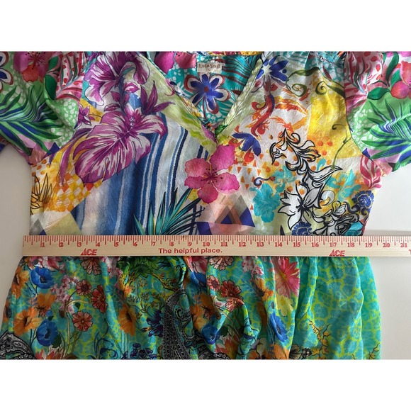 Lula Soul Floral Mixed Media Patchwork Tiered Boho Mini Dress Sz L Tropical Vaca - Picture 6 of 10